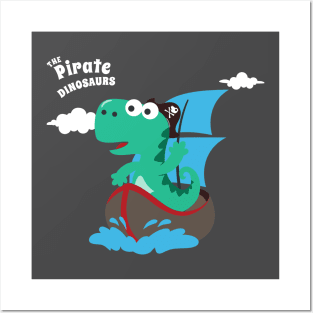 Vector illustration of dinosaur pirate on a ship at the sea Posters and Art